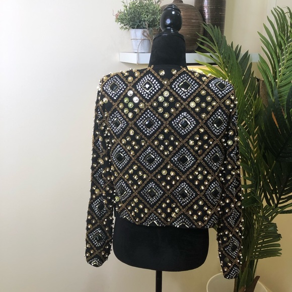 House of Harlow 1960 X Revolve Sequin & Beaded Crop Blazer Gold Silver Black XXS - Picture 11 of 12